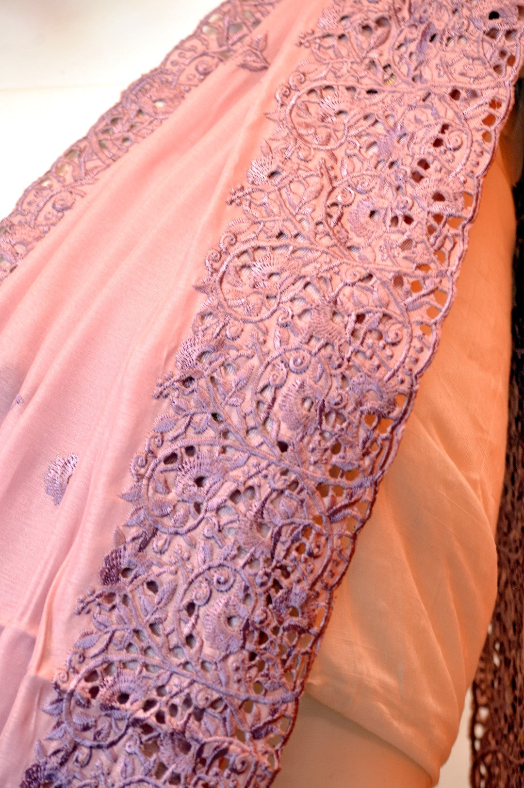  Kaloshmi casual saree  (semi silk, cut designed, pink colour),Draped on a dummy at a studio setup - close up pallunview
